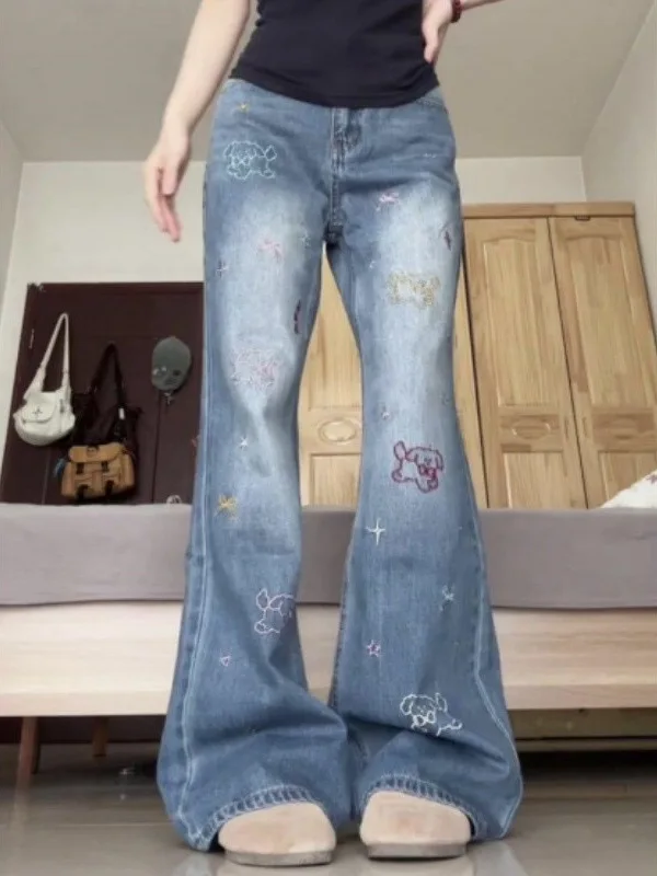 

High Waist Wide Leg Denim Jeans Women's Spring Autumn Loose Fit Embroidered Doggie Distressed Long Pants Straight Loose Slim