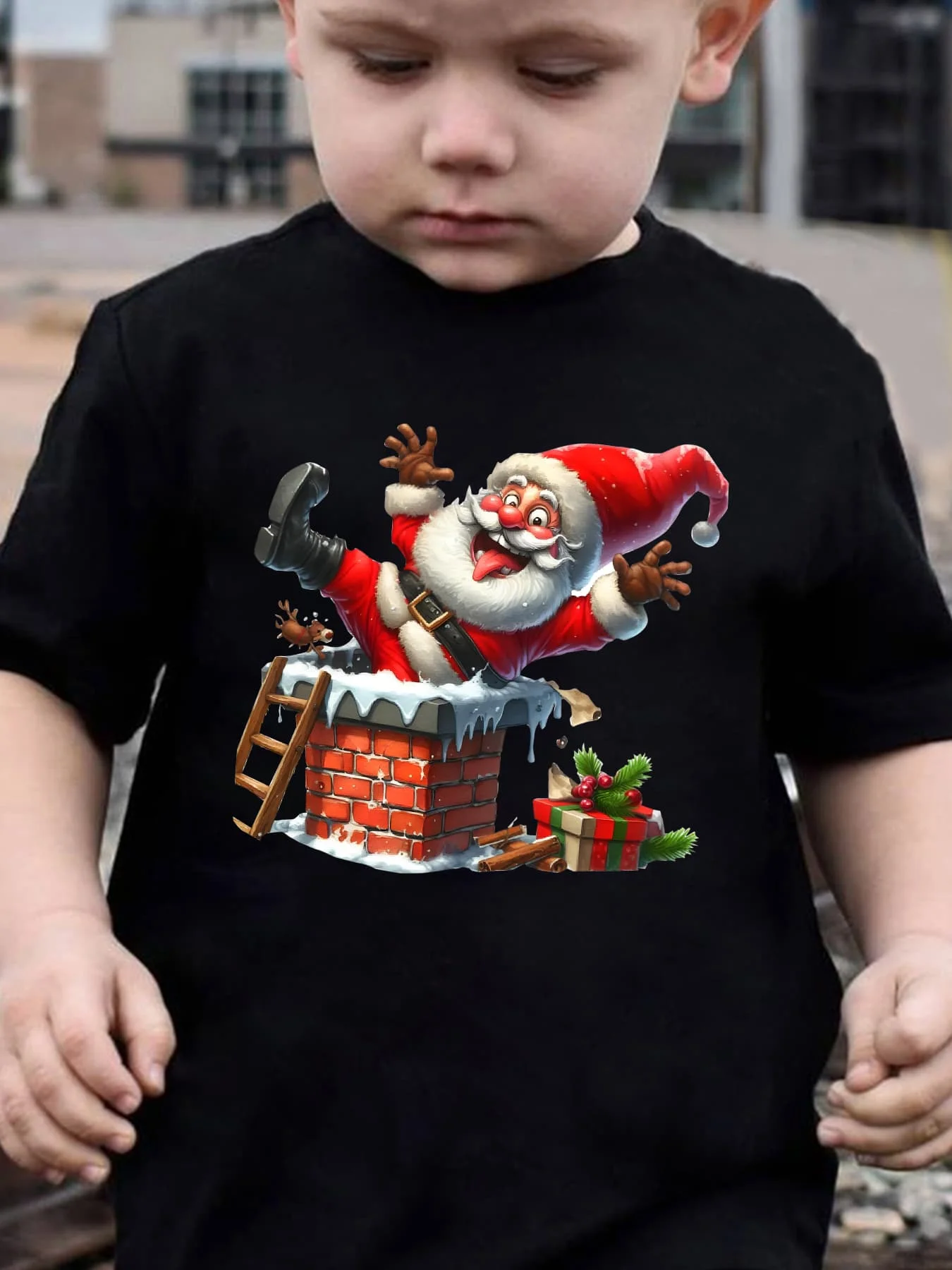 Kids Boys Girls Family Matching T Shirt Funny Santa Chimney Graphic Short Sleeve Tee Christmas Parent Child Daily Party Tops
