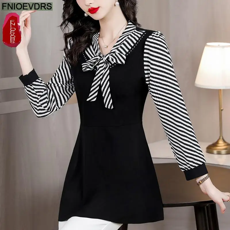 M-4XL Hot Sales 2023 Women Long Sleeve Elegant Office Lady Work Basic Wear Black Casual Bow Tie Belly Tunic Peplum Tops Blouses