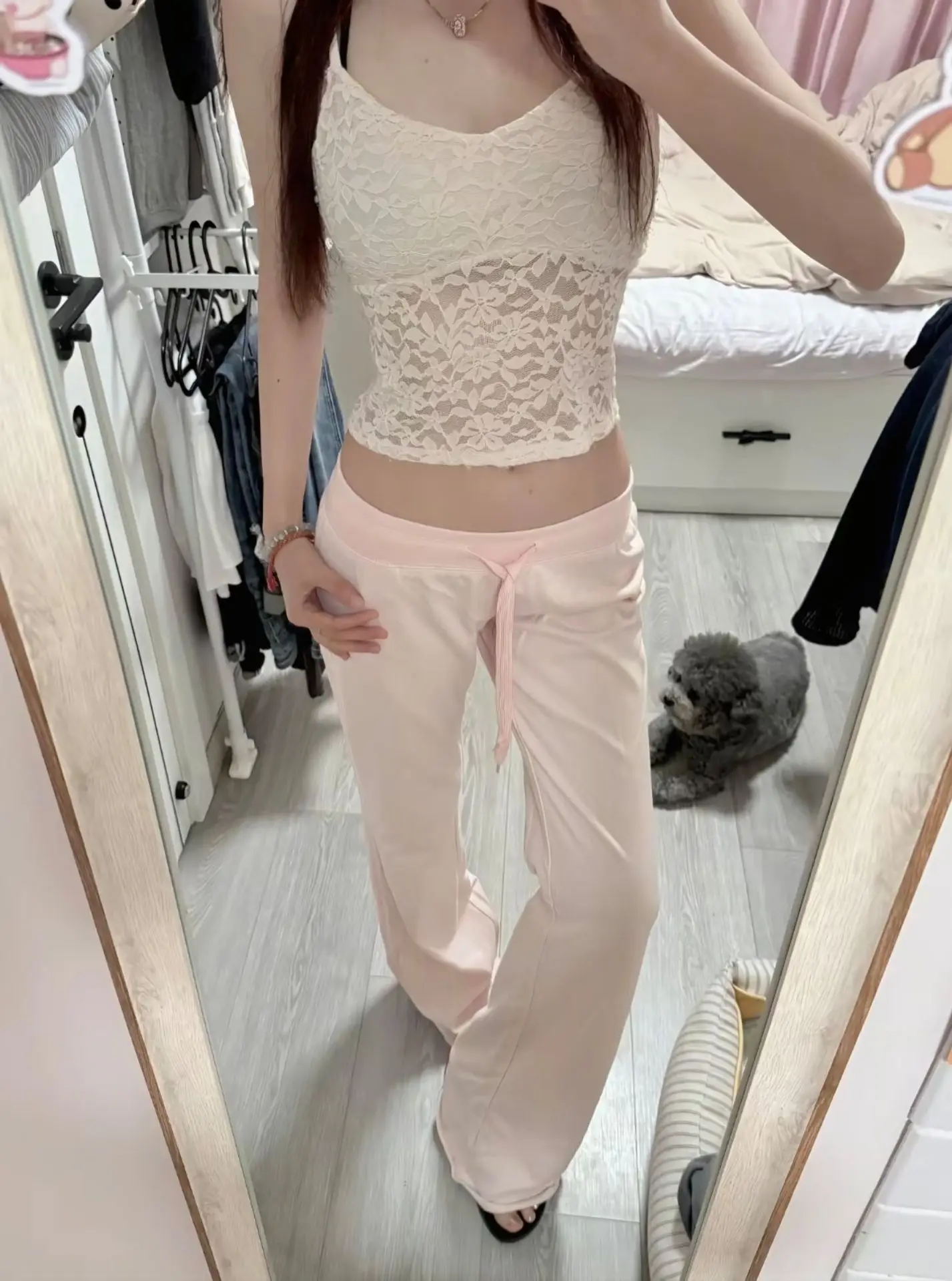 Neue hellrosa Jogginghose mit Kordelzug für Damen, Frühling, roher Saum, niedrige Taille, gerade lange Hose, lässige All-Match-Sporthose aus Baumwolle – Detail 13