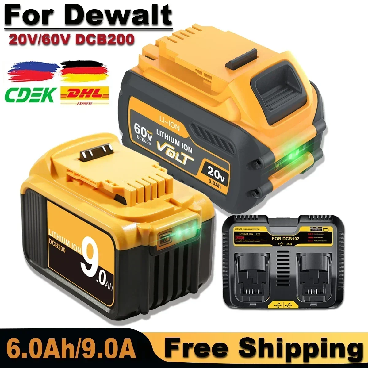 60V 9.0Ah Battery Replacement Battery DCB606 DCB205 DCB206 DCB209 DCB182 20V 6.0Ah Power Tool Battery For Dewalt