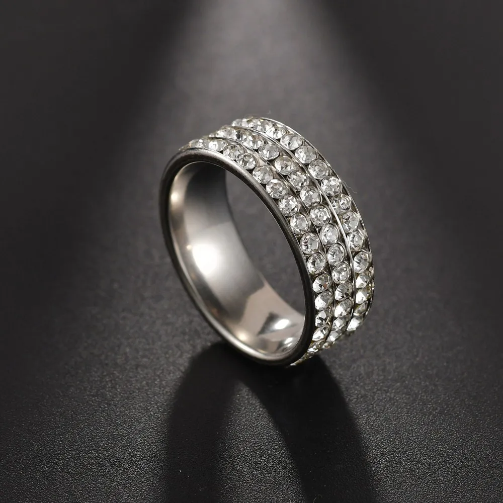3 Rows Crystal Stainless Steel Ring Women for Elegant Full Finger Love Wedding Engagement Rings Jewelry Men Lady Female Gift