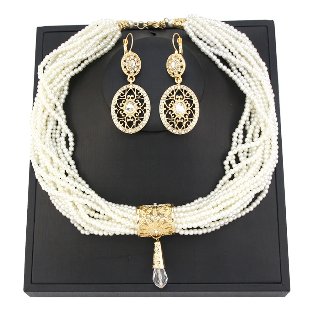 Sunspicems Morocco Crystal Bead Necklace Multilayer Pearl Choker Necklace Earring Gold Color Arabic Bride Wedding Jewelry Sets