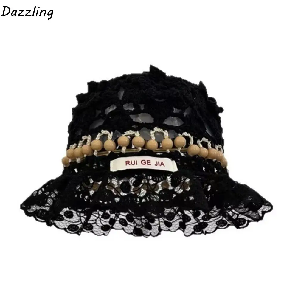 

Sweet Handmade Crochet Bucket Hat Summer Hollow Beads Knitted Hat Women Ruffles Weave Basin Caps Ladies
