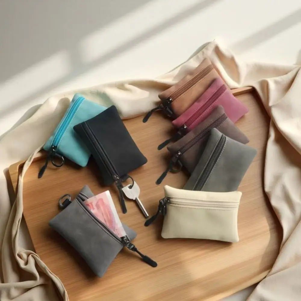 

Portable PU Coin Purse Zipper Design With Hanging Rope Buckle Card Holder Frosted Suede Small Storage Bag Men//Women