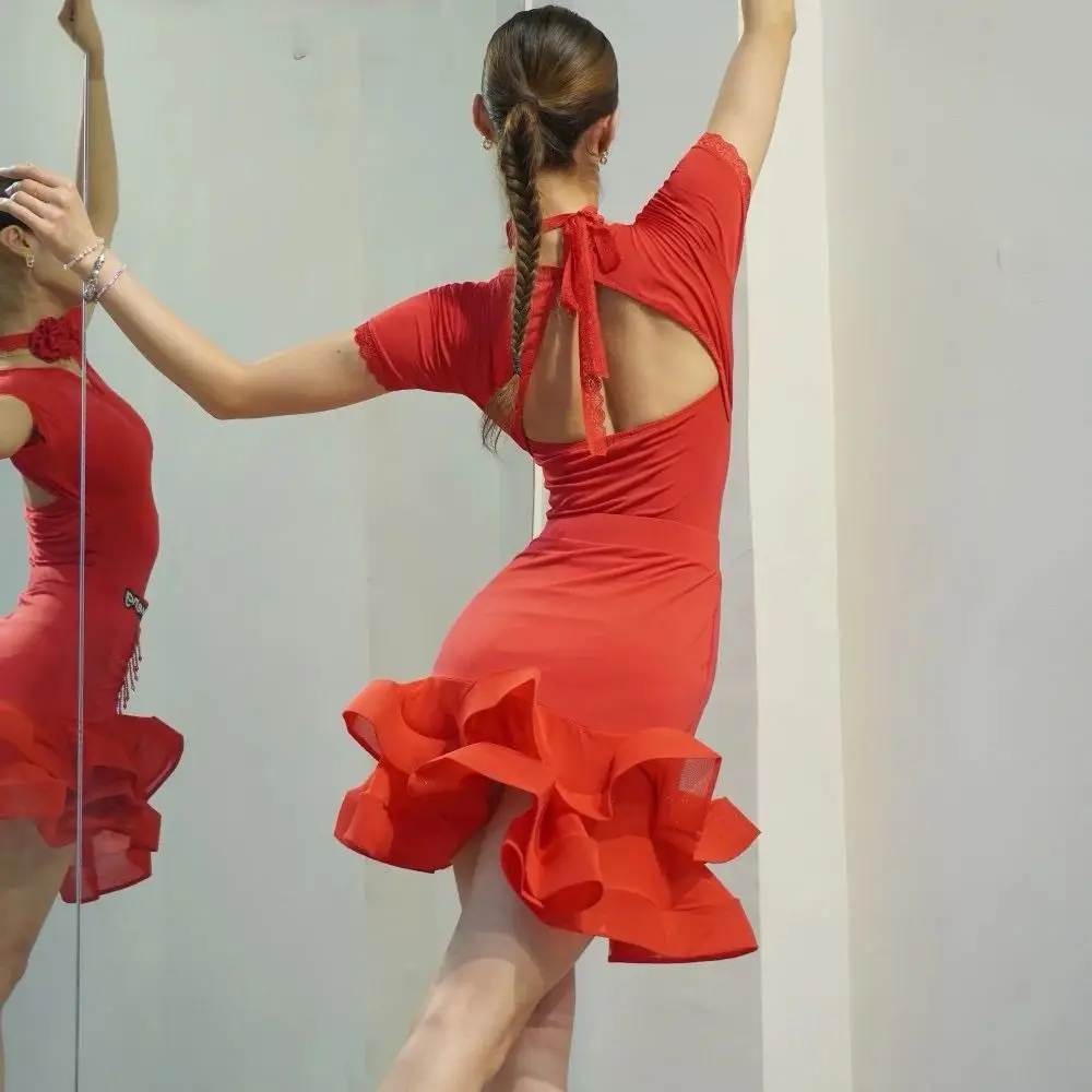 Feminino novo sexy vestido de dança latina trajes de desempenho roupa vermelha com decote em v superior saia espinha de peixe samba dança prática roupas dn22206