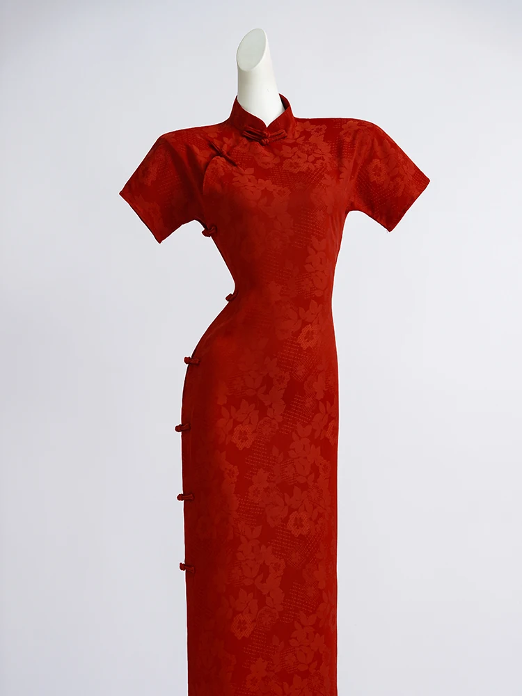 

Red Young Sle Wedding Dr Ele Chinese New Version Summer Low Slit ort Sve Floral Patterned Long Qipao