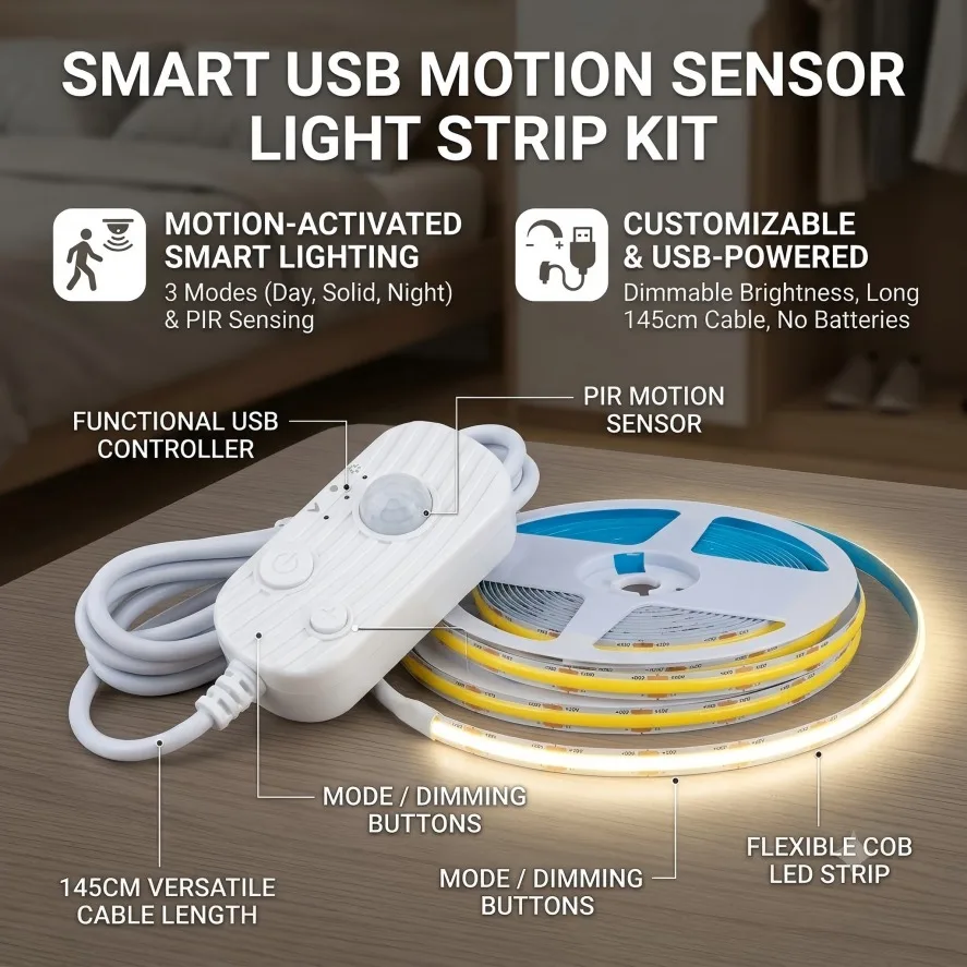 5V USB Adjustable COB Light Strip Dimmable Motion Sensor Induction Night Light for Bathroom, Bedroom, Bed TV Lighting Decoration