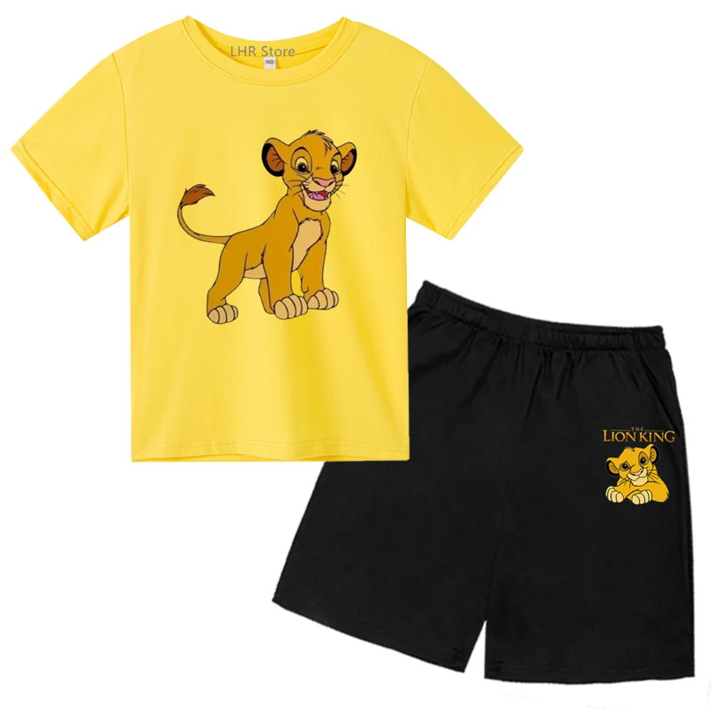 Yellow Summer Anime Lion King Simba Clothes Children T-shirts +Short sleeve Sets 2-12 Years Boy Girl Casual Tops Short Sleeve