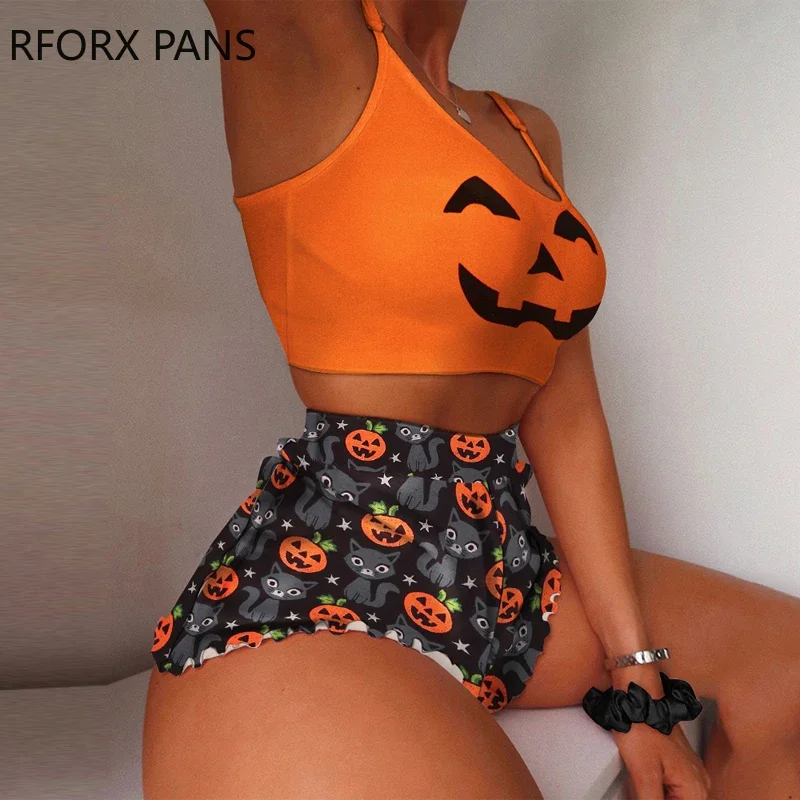 Women Chic Cami Crop Hallowmas Pumpkin Pattern Elastic waist Mini Sexy Sweat Short Sets