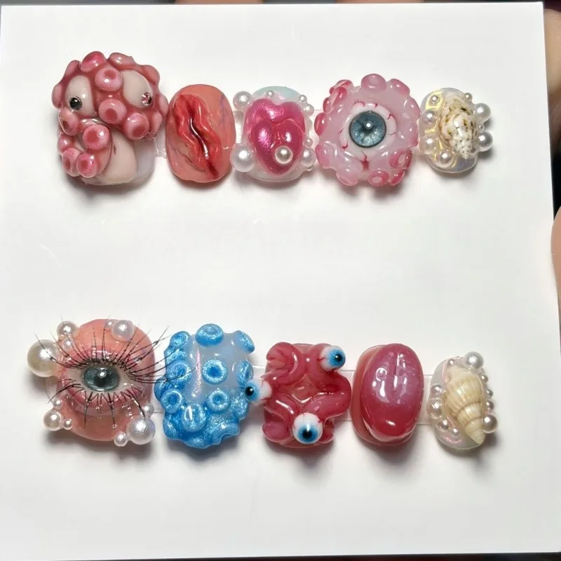 Handmade 3D Octopus False Nail Tips,Dark Sweet Cool Detachable Press on Nails, Weird Alien Design Nail Art for Party Daily Decor