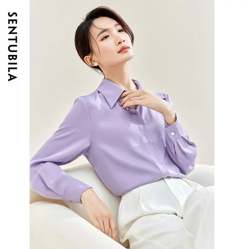 SENTUBILA Solid Office Lady Blouse for Women 2024 Autumn Straight Chiffon POLO Neck Elegant Pearl Chain Women Shirt 143V56771X