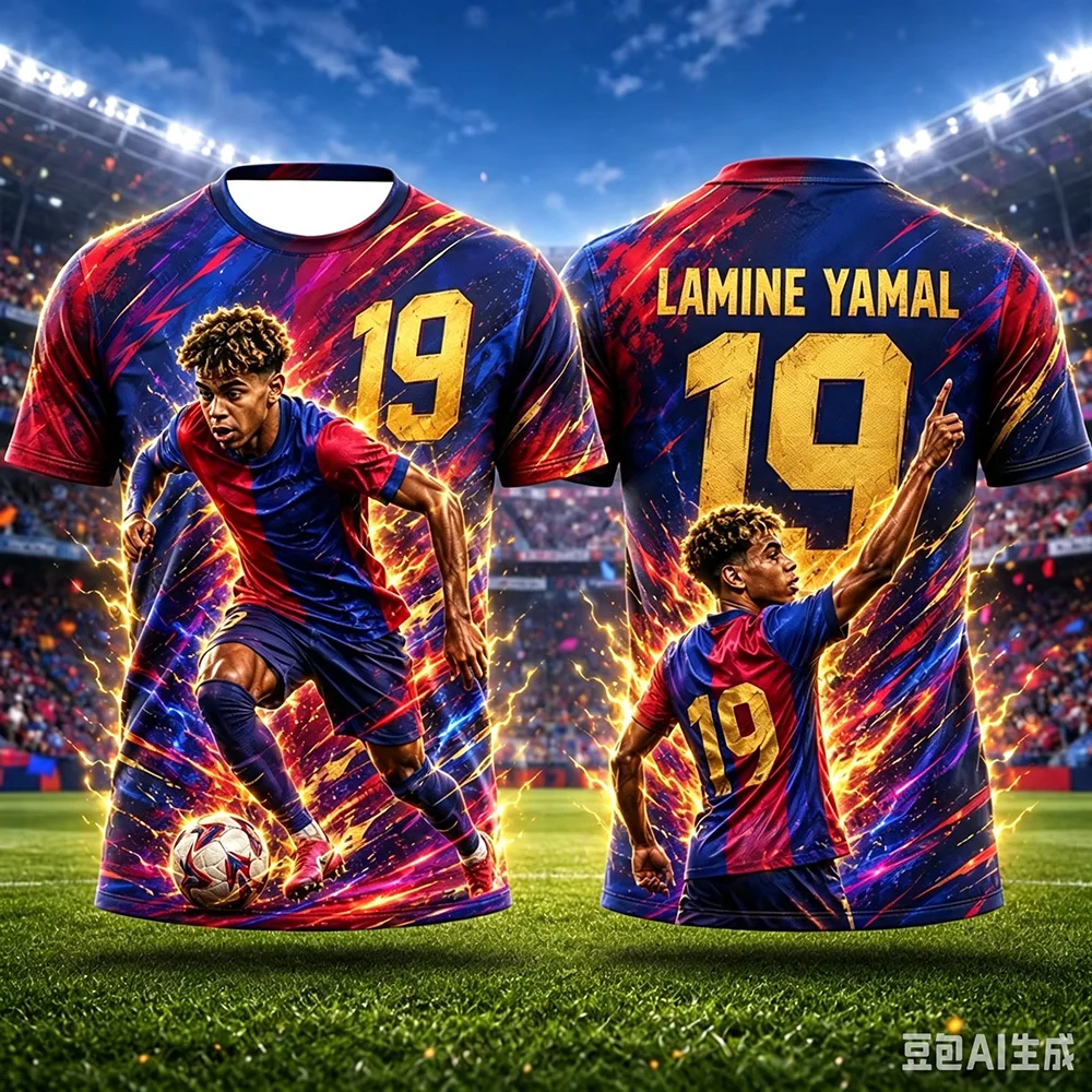 Yamal Nr. 19 Fußball 3D-gedrucktes Trikot mit Spezialeffekten, Sternenporträt, schnell trocknendes Sport-Kurzarmshirt – Detail 6