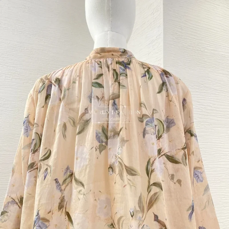 

Ramie 2025, новая высококачественная женская бежевая кружевная блузка с цветочным принтом в стиле пэчворк, топ и брюки с длинными рукавами, комплект одежды