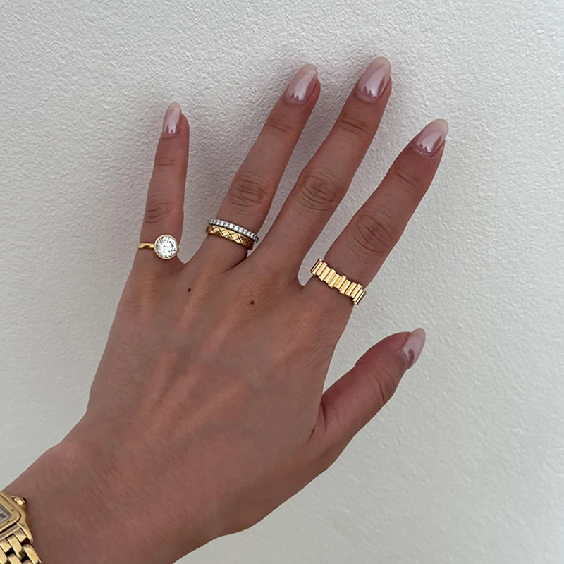 Line pave band rings stainless steel rings for women minimalist simple stainless steel jewelry non tarnish jewelry 2024