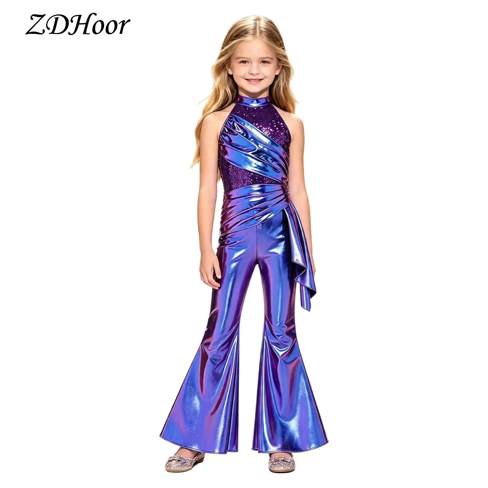 Kids Girls Metallic Flared Pants Rompers Asymmetrical Unitards Jumpsuit Sequined Bodice Ruched Layer Disco Jazz Stage Costume