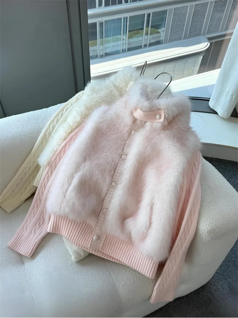 Sweet Girl Autumn Winter Plush Splicing Knitted Cotton Jacket Soft Style Cotton Coat Outerwear Trendy Brand Teenage Girls