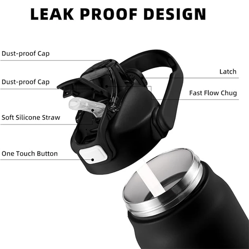 زجاجة مياه من الفولاذ المقاوم للصدأ خالية من بيسفينول أ ، ترمس معزول بالتفريغ ، قارورة للمشروبات الباردة والساخنة والقهوة والمكتب والمنزل