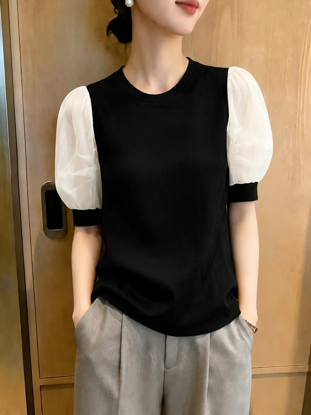 

Trendy Color Block Bubble Sleeve T-Shirt Women's Lazy Style Fashionable Versatile Top Korean Version Straight Cut Silken Fabric