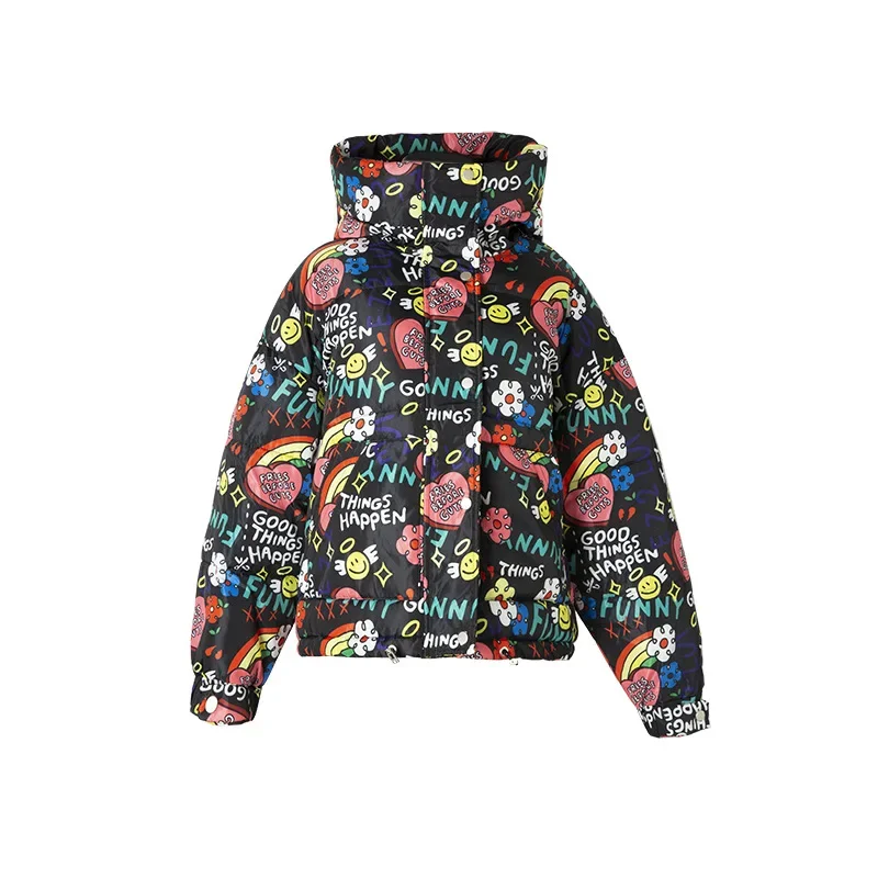 Winter Graffiti Down Padded Jacket Female Korean Version Loose Boyfriend Hooded Cotton-padded Jacket Bread Clothes Fashion Funny