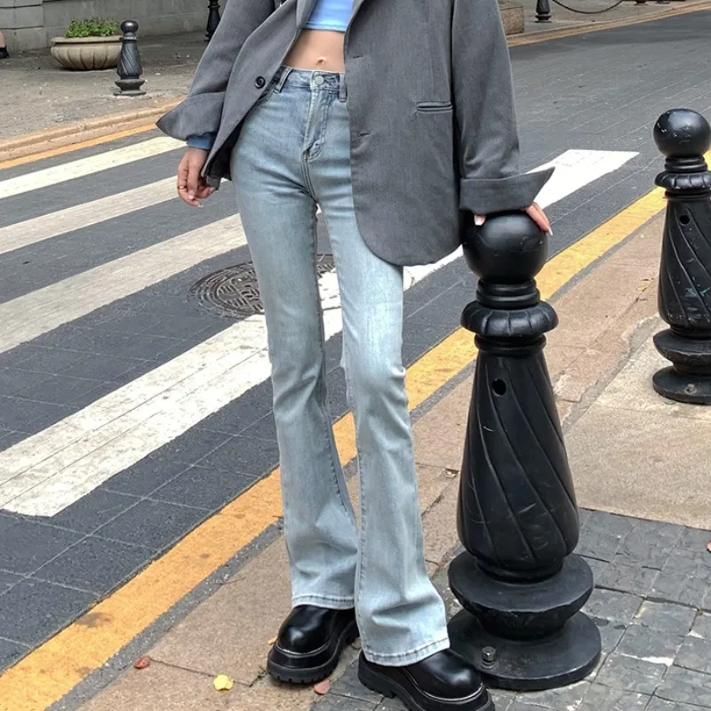 2023 New Fall Summer Flared Jeans Women\'s Blue Straight Slim Body High Waist Vintage Pants Female Korean New Solid Color Trouser