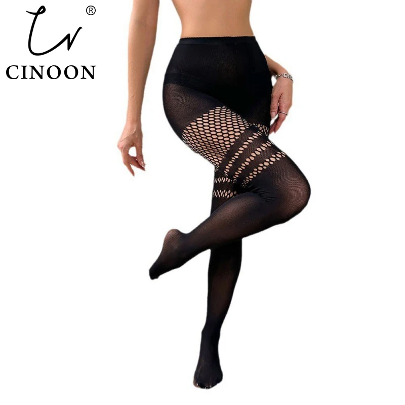 

CINOON Women Sexy High Waist Sheer Pantyhose Black Fishnet Panel Hollow Out Stripes Transparent Tights Fashion Party Leggings