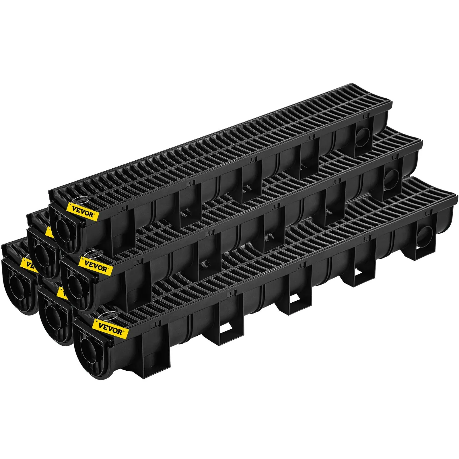 Trench Drain System, Channel Drain with Plastic Grate, 5.9x5.1-Inch HDPE Drainage Trench, Black Plastic Garage Floor Drain