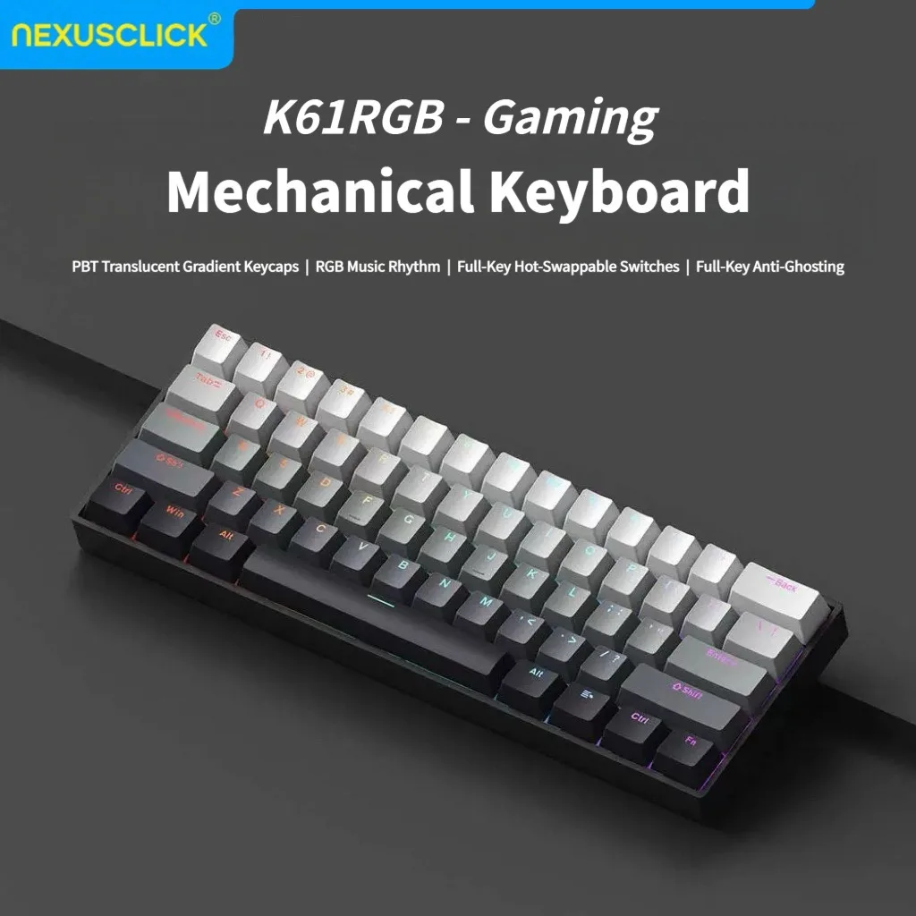 NexusClick 61 Keys Brown Switch Gaming Keyboard,Hot Swappable RGB Mechanical Wired Keyboard PBT Keycaps Mini 60% Layout Esports