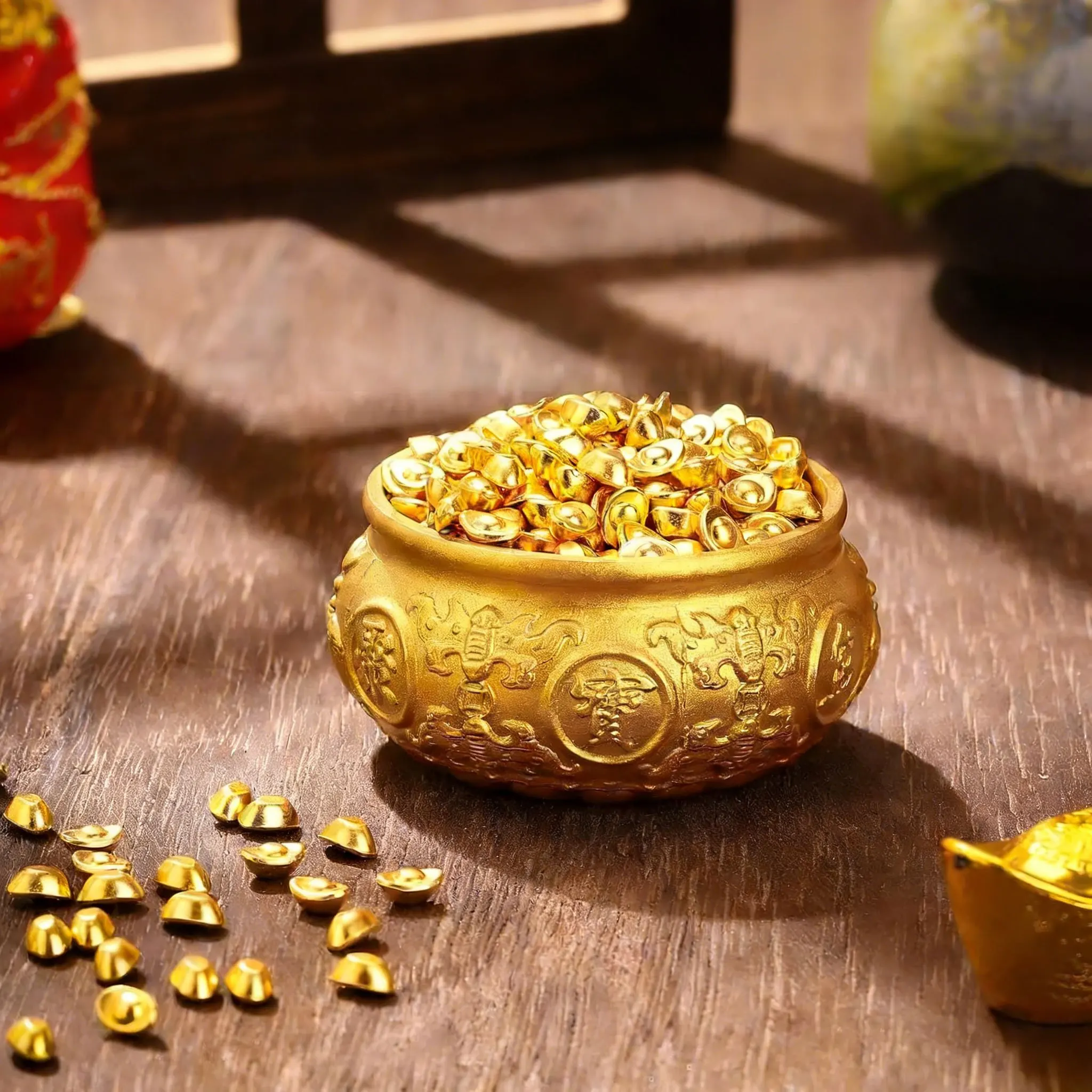 Golden Treasure Basin with 400pcs Ingot Yuan Bao Good Luck Wealth Prosperity Figurine Decor for Home Office Decor Housewarming G