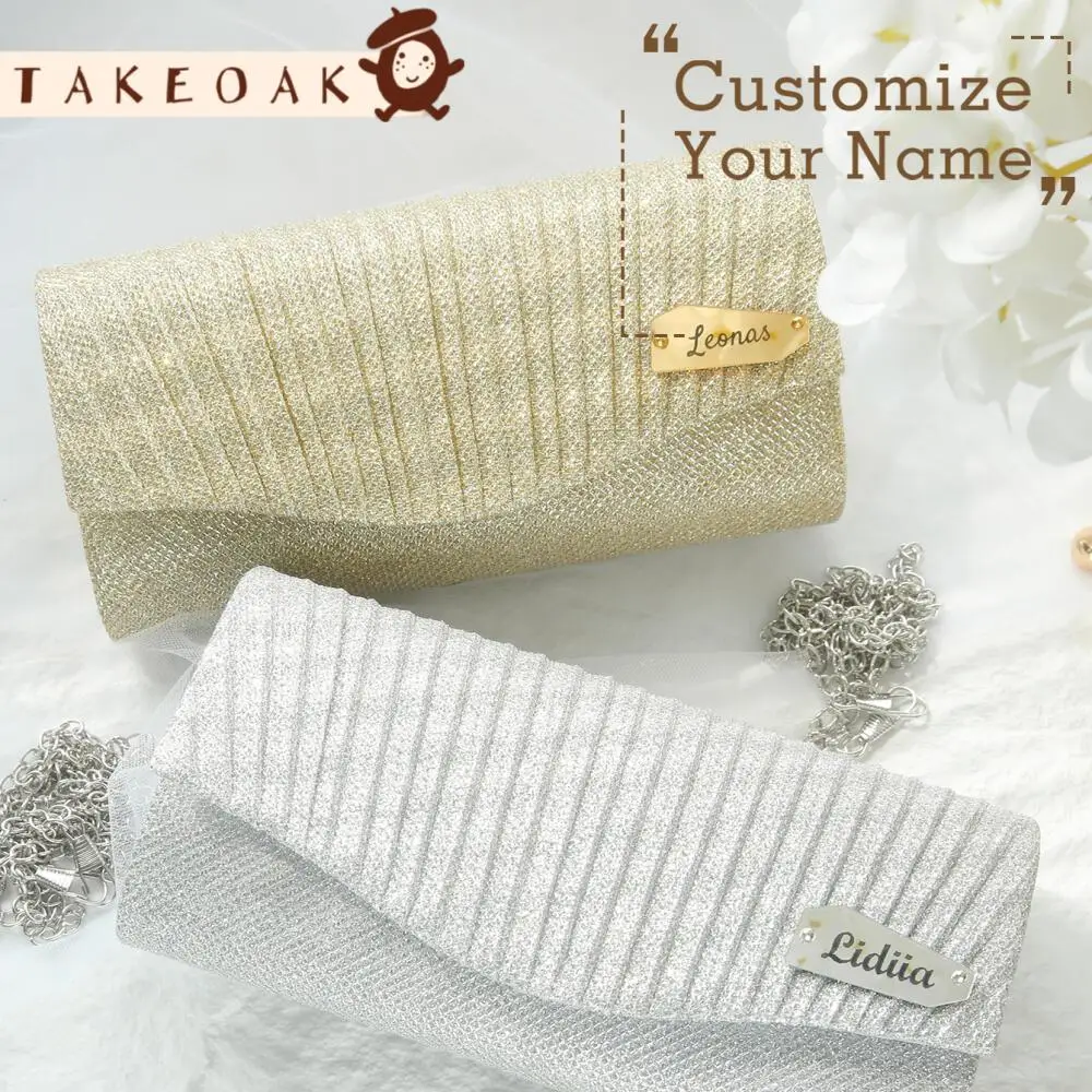 Custom Name Pleated Glitter Evening Clutch Personalized Engraved Metal Tag Envelope Purse for Wedding Party  Bridesmaid Gift