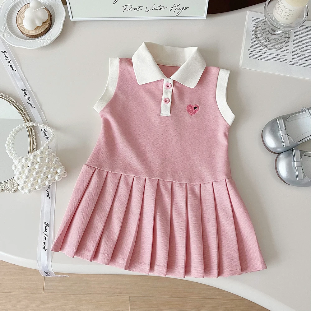 Cute Girls Sleeveless Pleated Dress Summer Turn-Down Collar Kids Girls Dresses 2024 New Casual Children Clothes Sundress 2-8Y