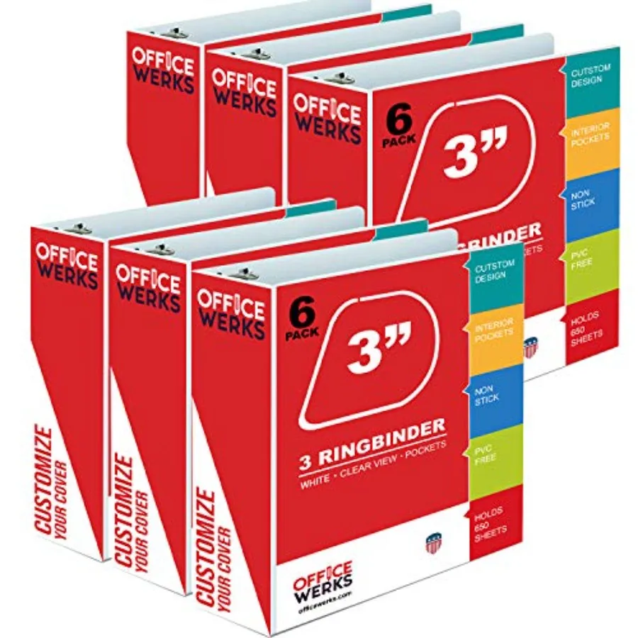 

3 Ring Binder 3 Inch D-Ring Holds 725 Sheets 6 Pack White with Clear View Covers and 2 Pockets for 8.5x11 Paper Heavy Duty Bind
