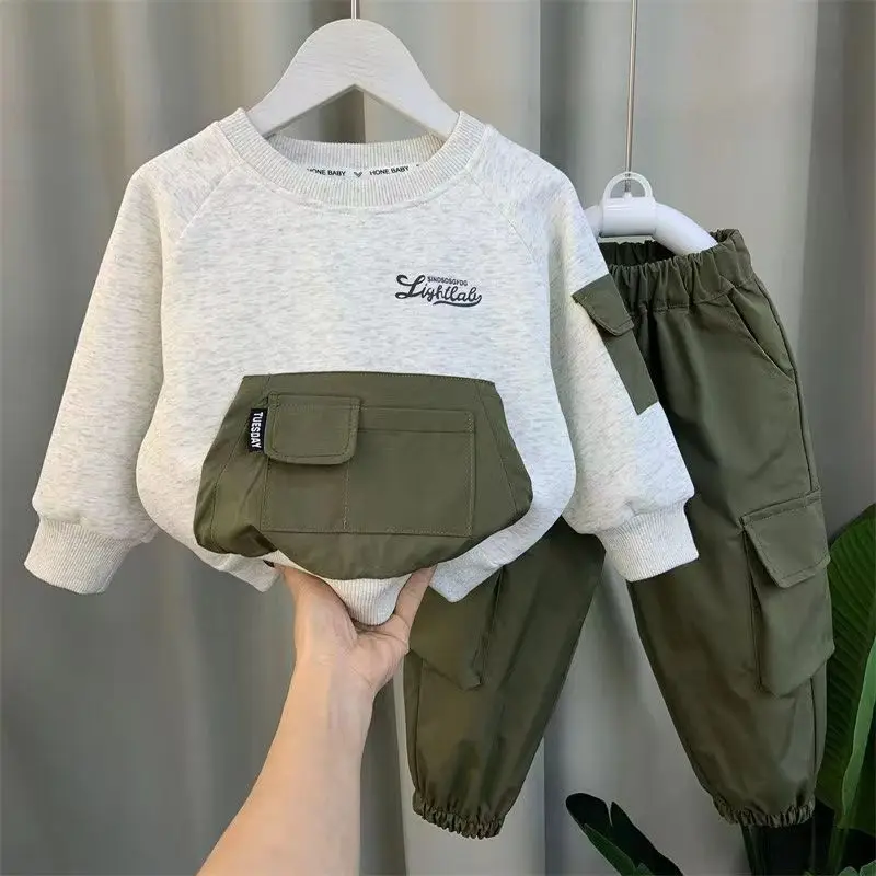 

Boys Spring and Autumn Sweater Set 23 New Fashionable Boys Clothing Children's Network Red Cool Handsome Workwear Two Piece Set