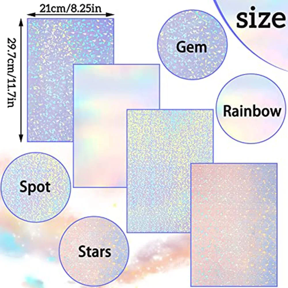 12 SheetsXA4 Film Sparkle Holographic Laminate Sheets Clear Glitter A4 Size Vinyl Sticker Paper Holographic Overlay Self Adhesiv