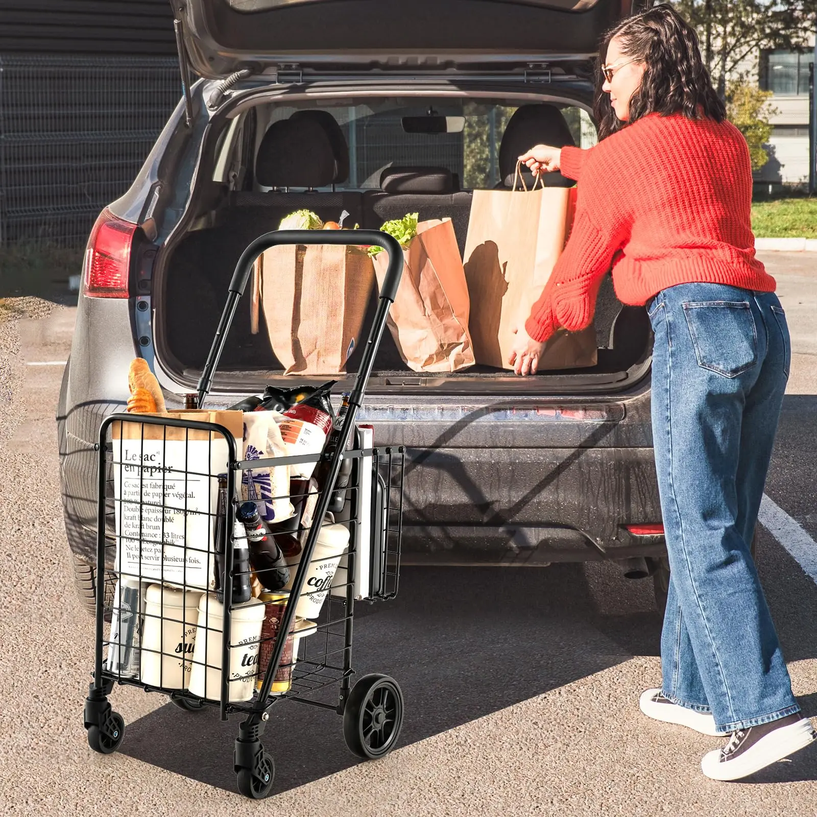 Folding Shopping Utility Cart, Double Basket and 360° Swivel Wheels, Adjustable Handle, Small Cart Perfect for Grocery