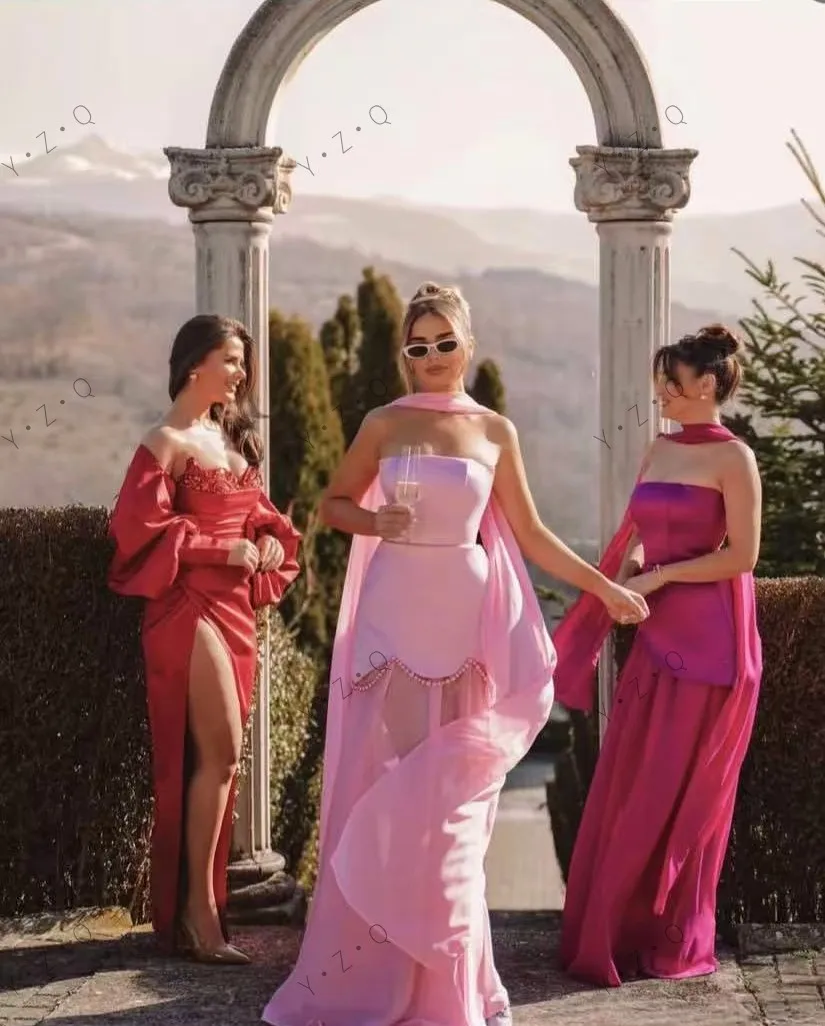 シックなデザインのピンクのマキシ丈ワンピース、ショールストラップレスのパーティードレス、ビーズ付きシアーシフォン、ボヘミアンホリデーパーティードレス、女性用オフショルダー