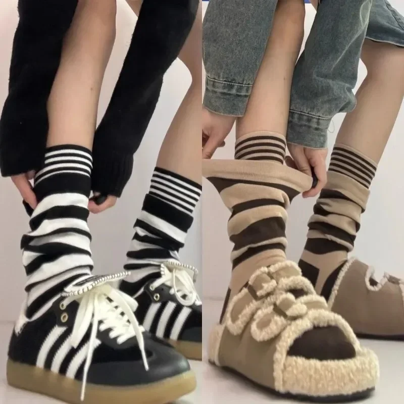 Women's Warm Sweat Absorbent Mid Calf Length Slimming Middle Socks Retro Warm Thick Double Layer Splicing Striped Boots Socks