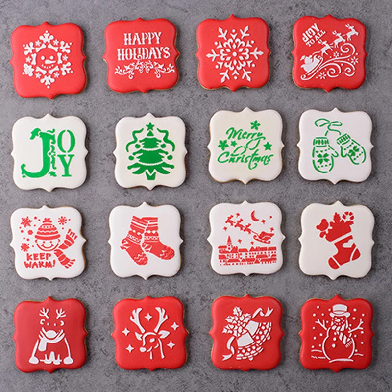 Merry Christmas Cookies Stencil Hollow Coffee Art Template Frosting Biscuits Mold Fondant Cake  Mold Decorating Tools Bakeware