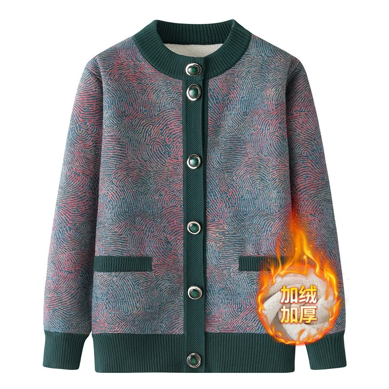 

Thicke Fleece Autumn Jacket Elderly Women Winter Knitted Sweater Short Coat Style Grandmother Style Cardigan Coat Female Tops