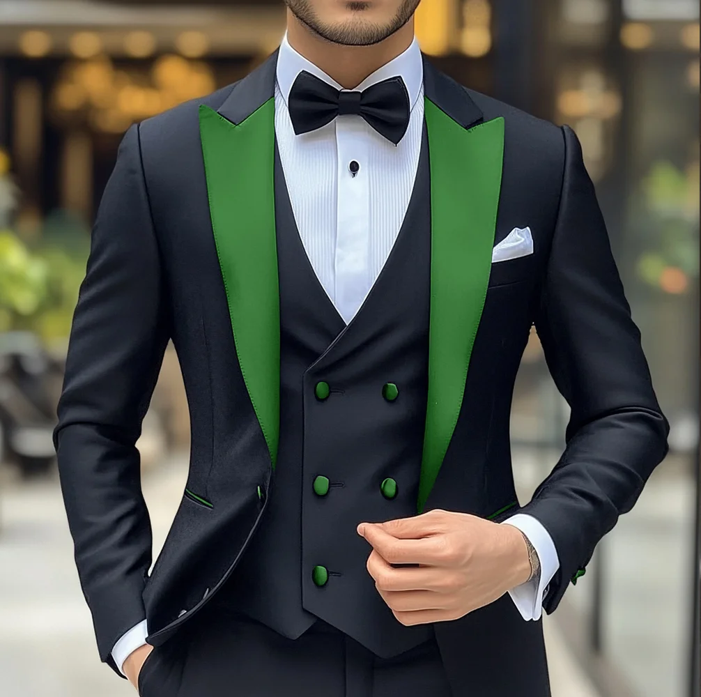 Groom Wedding Tuxedo 3-piece Suit Men's Black Suit Jacket Pants Vest Formal Peak Lapel Blazer Slim Fit Outfit