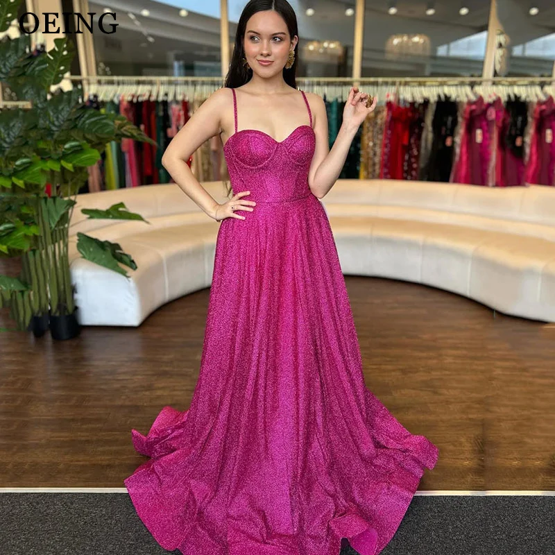 

OEING Fuchsia A-Line Backless Prom Dresses Sweetheart Sleeveless Party Gown Spaghetti Strap Pleats Evening Dress Customized