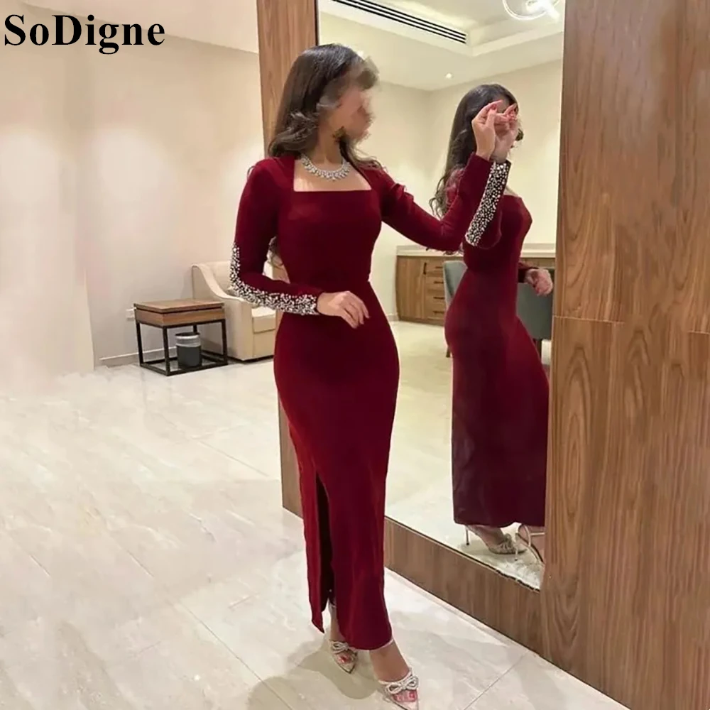 SoDigne Burgundy Mermaid Evening Dresses Long Sleeve Beading Side Slit 2024 Elegant Formal Occasion Party Prom Gown Saudi Arabia