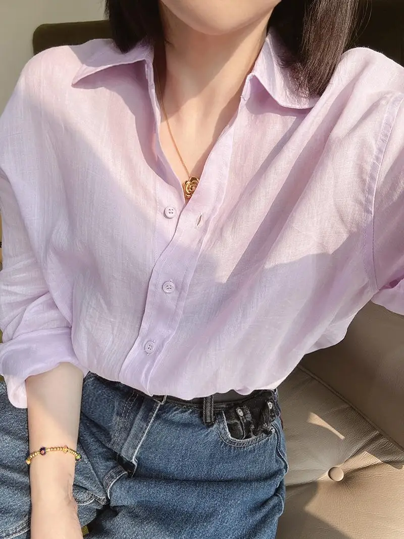 

Женская деловая рубашка из белого льна с длинным рукавом, свободного кроя, прозрачная, легкая, удобная, дышащая, простая, элегантная