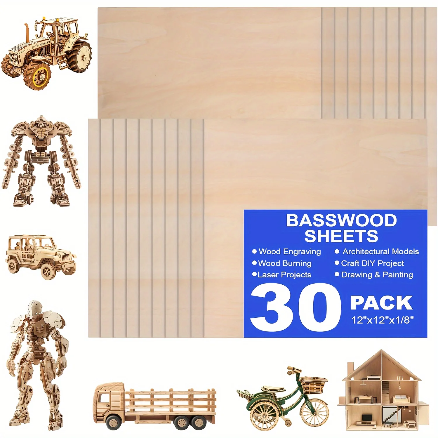 

30 Pack 12"x12"x1/8" Basswood Sheets for Crafts, 3mm Craft Wood Plywood, for DIY Ornaments and Model Engraving, Wood for Laser C