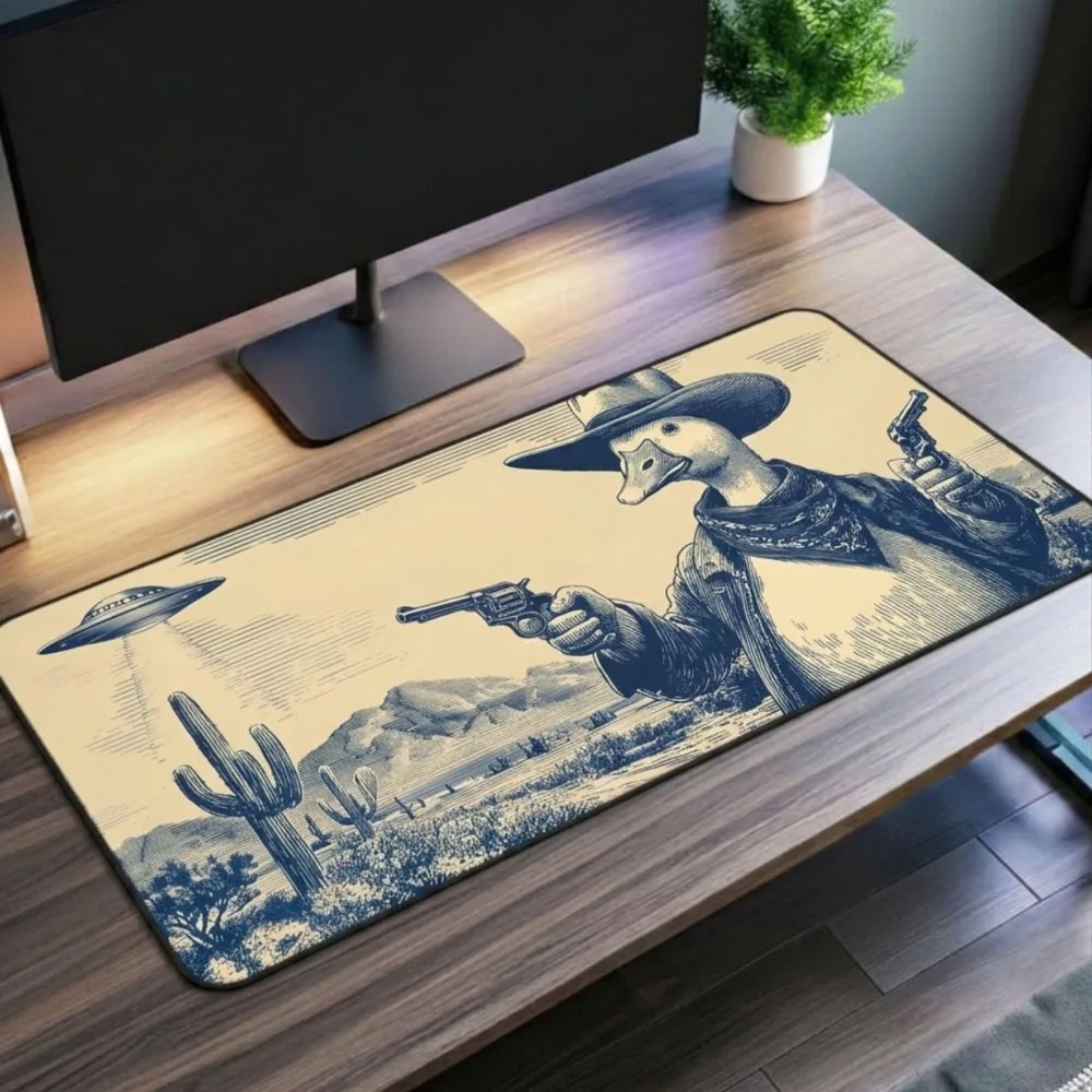 Silly Goose Cowboy Desk Mat, Vintage Sci-Fi Western Mouse Pad, Alien UFO Extended Computer Mat, Duck Keyboard Mat