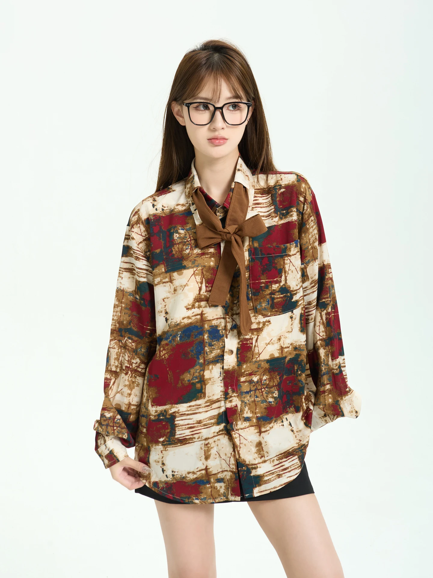 

7KEEWEN Early Autumn American Retro Loose Trendy Abstract Artistic Contrast Color Print Long Sve irt Women's Top Street ...