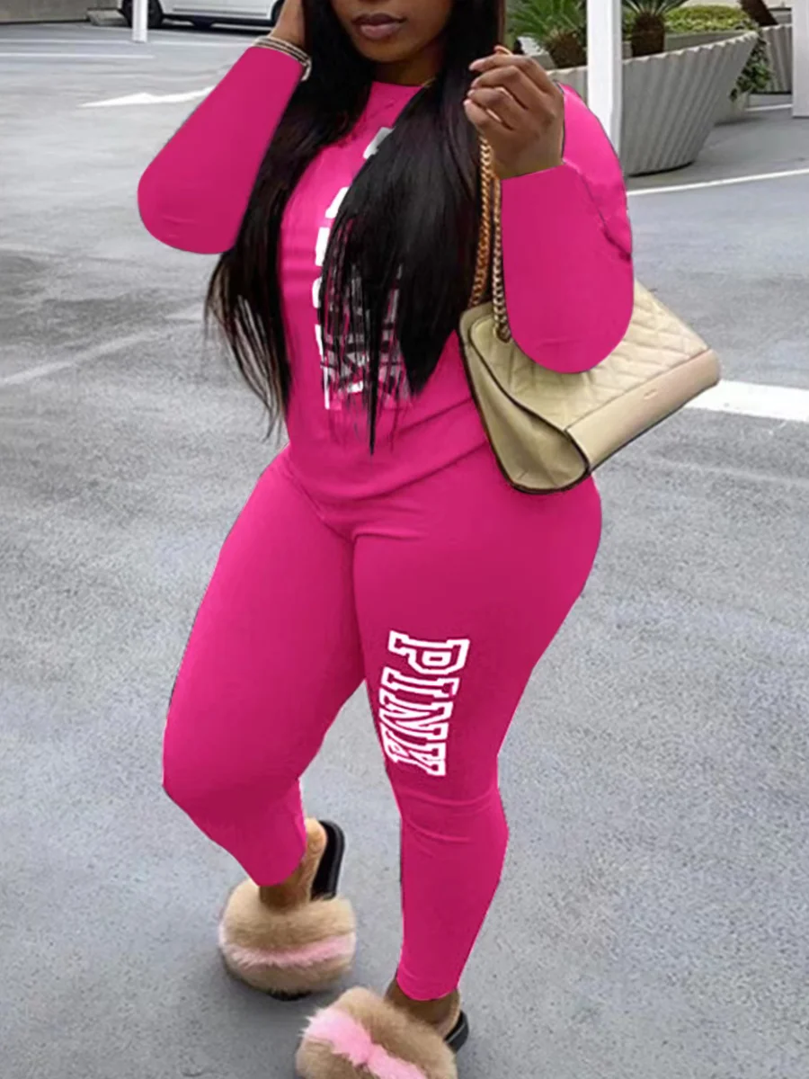 4XL 5XL LW Plus Size Pink Letter Print Pocket Design Pants Set New Round Neck Long Sleeve 2pcs Casual Two Pieces Outfit for Lady