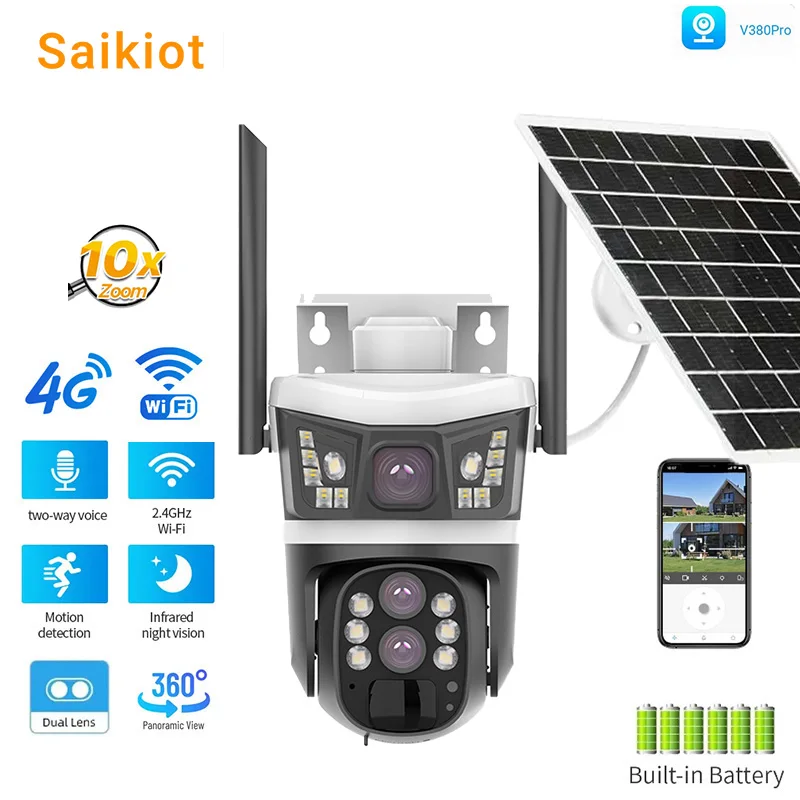 Saikiot V380 Pro 4G WIFI 10X Optical Zoom 3 Lens 3 Screen Solar Powered Battery Camera CCTV Security V380 CCTV Camera Solar 4G