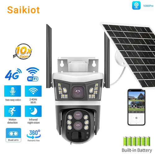 Saikiot V380 Pro 4G WIFI 10X 광학 줌 3 렌즈, 3 스크린 태양열 배터리 카메라, CCTV 보안 카메라, V380 