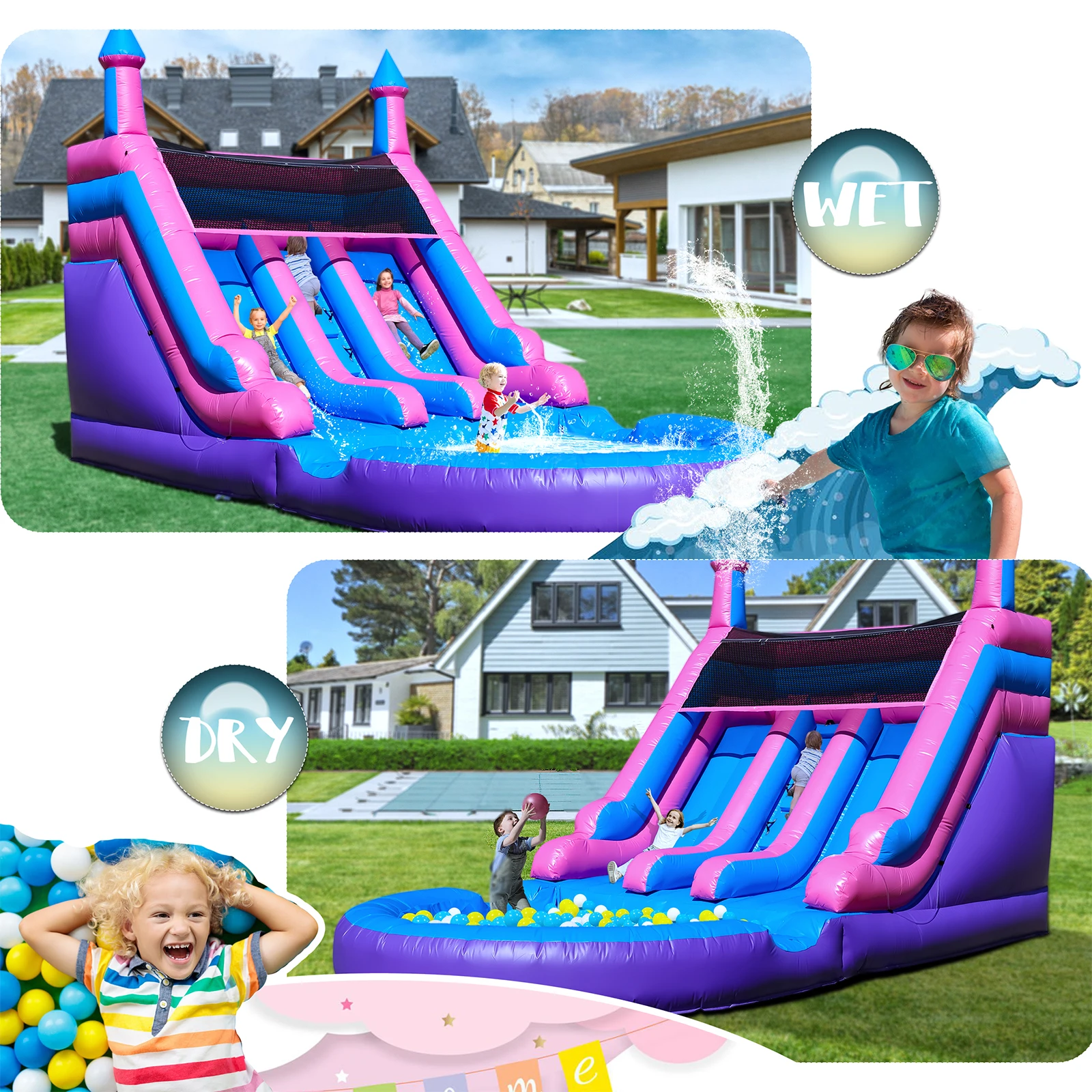 Piscina inflável comercial de corrediça de água dupla de PVC de 6,4 m com ventilador para crianças playground comercial infantil